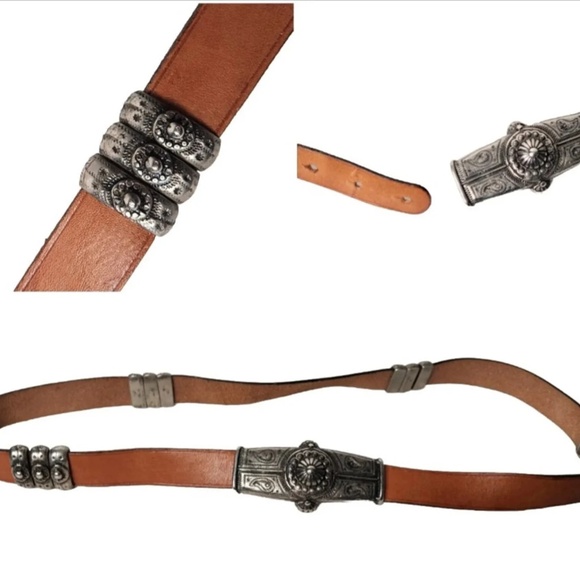 Vintage Studded Brown Leather Belt El Corte Ingles Belt Silver Metal Studs XS - Picture 2 of 10